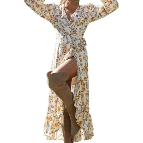 Fashion Split Women Dress Floral Print High Waist Breathable Ruffled Hem Dress for Summer Womens Clothing 2021