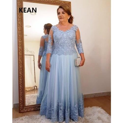 Plus Size Evening Dress Blue Tulle Applique Three Quarter Islamic Dubai Kaftan Saudi Arabic Prom Dress vestidos de festa
