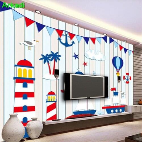 3D Mediterranean Lighthouse Wallpaper Dolphin Coco Boys & Girls Children Bedroom Bedroom Sofa Background Undersea World Striped