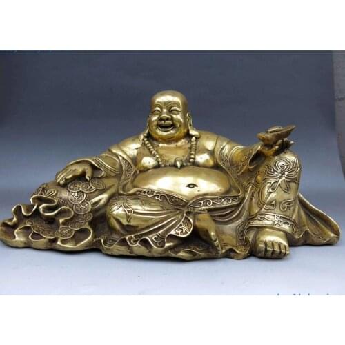6" China Buddhism Brass Copper Yuan Bao Wealth Maitreya Buddha Statue sculpture