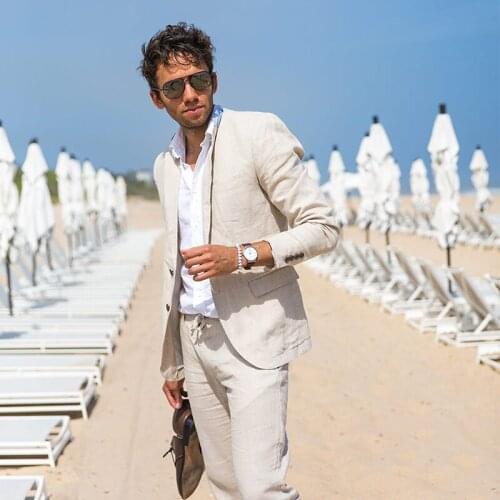 ANNIEBRITNEY 2020 Summer Beach Light Beige Men Wedding Suit Custom Grey Groom Wedding Tuxedo Summer Prom Wedding Business Suit