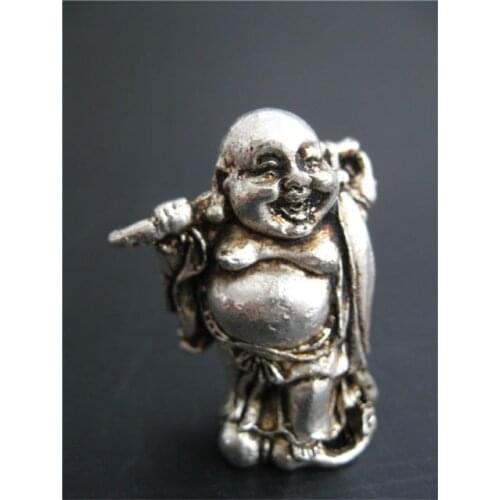 Elaborado chino hecho a mano decorado viejo Miao plata sonriente Buda estatua favorable