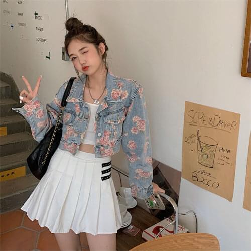 Vintage Floral Print Womens Denim Jackets Spring Autumn Casual Loose Short Tops Long Sleeve Jean Coats 2021 Female Streetwear