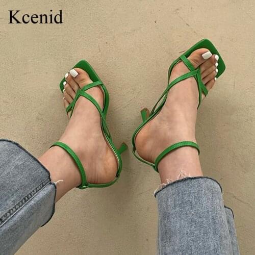 Kcenid Summer New Fashion Women Gladiator Sandals Narrow Band Square Toe Thong Sandals Ankle Buckle Strap Ladies Shoes Green