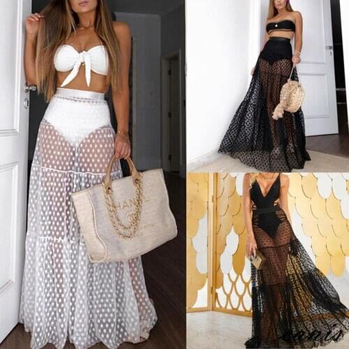 Summer New Women Polka Dot Mesh Sheer Maxi Skirt Wrap Skirt Beach Tulle See Through Skirt Swimwear Bikini Wear Cover Ups