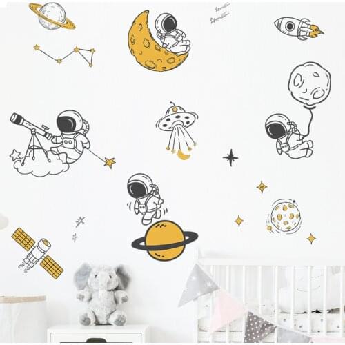 Cartoon Astronaut Space Planet Wall Stickers for Kids Rooms Boys Bedroom Wall Decor Kids Room Stickers Home Decor Art Mural