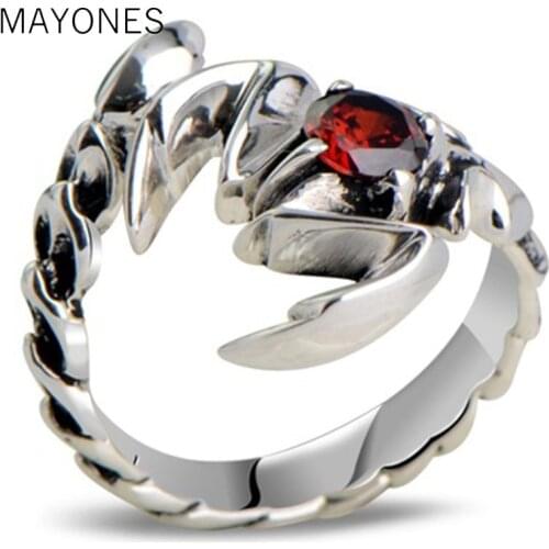Solid 925 Sterling Silver Jewelry Mens Ring With Garnet Natural Stone Scorpion Male Openning Ring