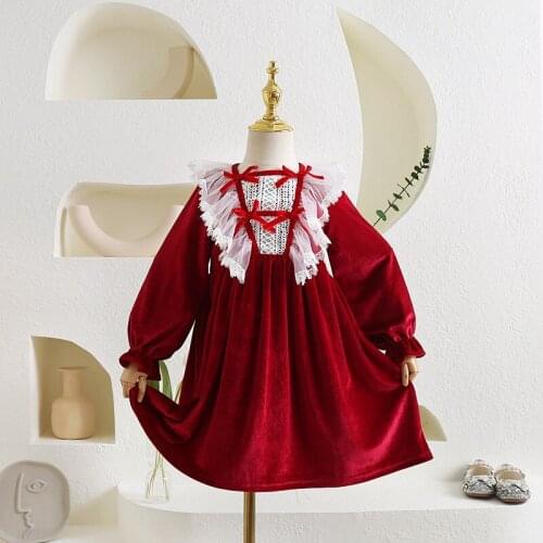 Girls red dress fall winter baby girl lace christmas dresses wholesale
