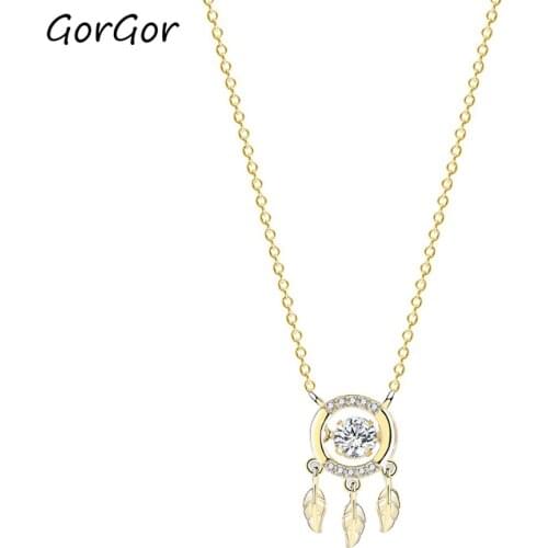 GorGor Necklace Women 925 Sterling Pattern Feather Mosaic Zirconia Gold Plated Luxury Exquisite Engagement Jewelry F2587