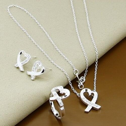 925 Silver Jewelry Sets Zircon Heart Pendants Necklaces Rings Stud Earrings Women Jewelry Set Gift