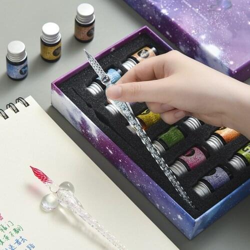 7/13 pcs/set Crystal Glass Pens Starry Sky Unicorn Dip Pen Glitter Powder Fountain Pen 12 Colors Ink Gift Box Writing Supplies