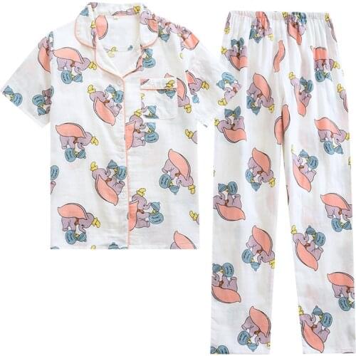Dumbo Printed Cotton Pajamas Set Short-sleeved Long Trousers Cartoon Cardigan Comfortable Pijama Mujer Verano Womens Pajamas