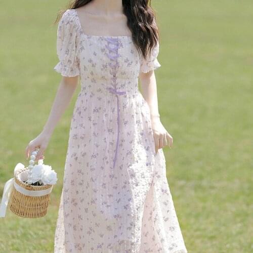 Vintage Kawaii Floral Midi Dress Women Elegant Sweet Print Short Sleeve Dresses Romantic Bandage Dresses Summer 2021