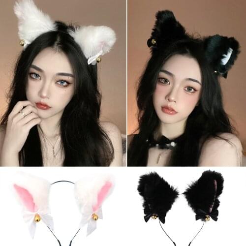 Cosplay Plush Furry Rabbit Ears Headband Women Bell Fur Cat Ear Hair Clips Headwear Costume Props for Halloween Party Decoration