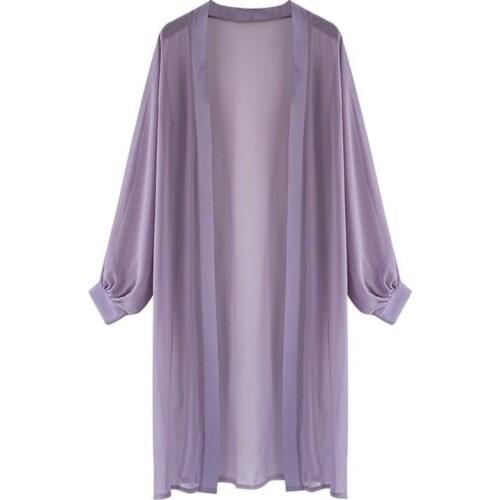 2021 Summer Bohemian Purple Long Sleeve Beach Wear Mid-long Kimono Cardigan Tunic Women Tops Chiffon Blouse Shirt Femme X67