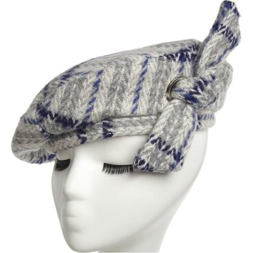 Women Berets hat Autumn Winter Fashion Lovely cotton blend bowknot Berets Hats British retro leisure lattice line Berets Hat