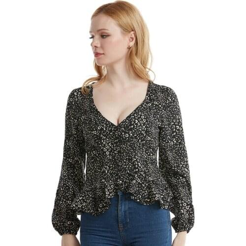 New Fashion Women Floral Print Crop Tops Buttons V Neck Long Sleeve Blouse Casual Kimono Shirts Slim Blouses Ruffles Vestidos