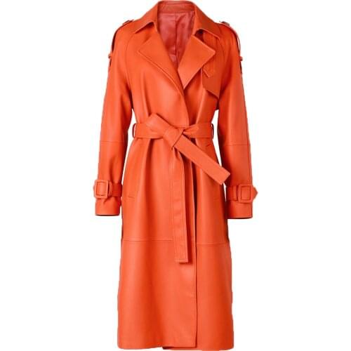 YOLOAgain Ladies Long Leather Coat Genuine Leather Trench For Women