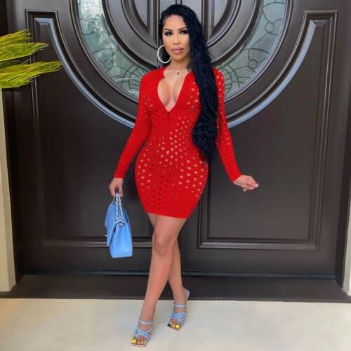 Sexy Hollow Out See Through Zipper V Neck Mini Women Dress Casual Autumn Long Sleeve Black Red Bodycon Club wear Party Dresses