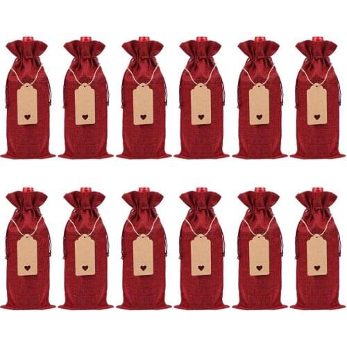 12Sets Wine Bag Champagne Bottle Wrapping Drawstring Party Table Decor with Paper Label