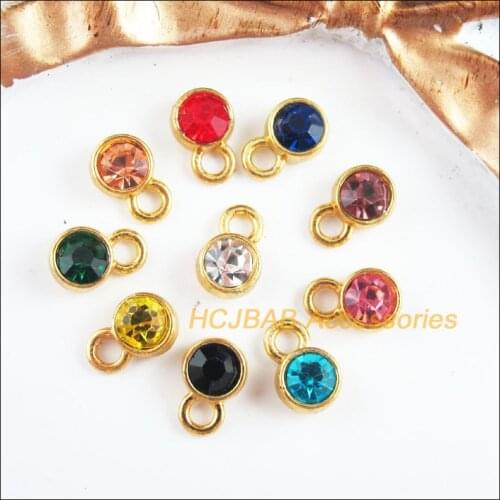 30 New Tiny Round Charms Gold Color Mixed Crystal Pendants 7x10.5mm