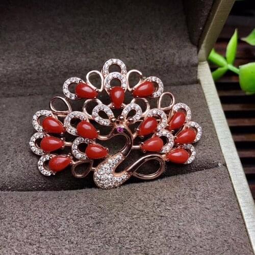 Natural coral brooch, peacock opening, 925 silver, beautiful color, luxurious style