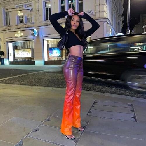 Gradient Flare Pants Faux Leather Slim Joggers Women Red Purple PU Trousers Low Waist Aesthetic Autumn Y2K Long Baggy Streetwear