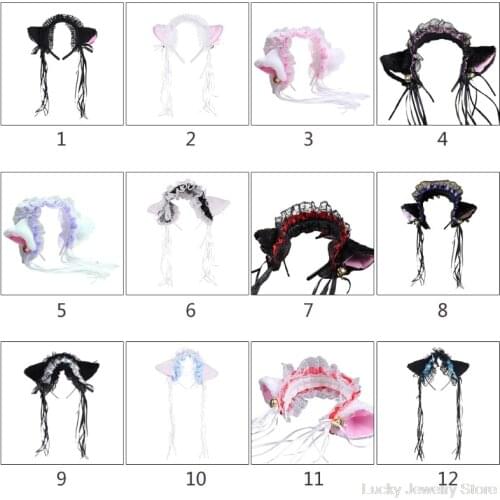 Women Girls Ruffles Lace Faux Silk Headband Cute Plush Cat Ears Ribbon Tassels Bell Decor Hair Hoop Lolita Anime Cosplay M10 21
