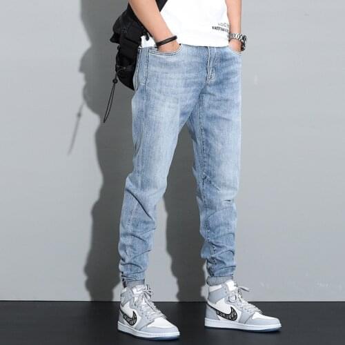 Korean Style Fashion Men Jeans Retro Light Blue Slim Fit Elastic Ripped Jeans For Men Vintage Designer Casual Denim Harem Pants