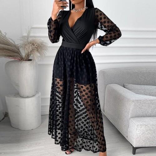 Elegant Dot Printed Deep V-Neck Party Rompers Fashion Shorts Mesh Long Sleeve Slim Beach Playsuit Sexy Summer Lace Loose Dress