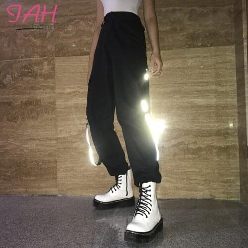 Iamhotty Reflective Cargo Pants Women Hip Hop Style Zipper Pocket Pantalones De Mujer Flat Bandage Solid Basic Jogger Sweatpants