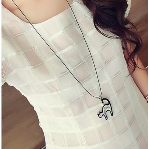 Fashion explosion models rhinestone cat necklace Long black leather cord necklace pendant sweater chain jewelry