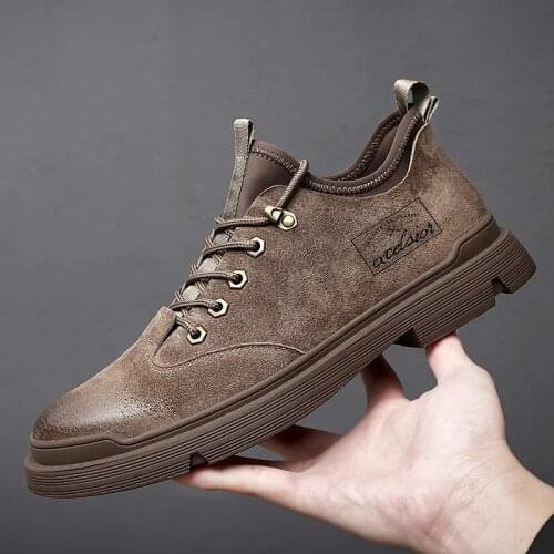 Mens Spring Autumn Casual Shoes Leather Thick Soled Round Lace Up Retro Outdoor Casual Shoes Wear-Resistant Tooling Shoes