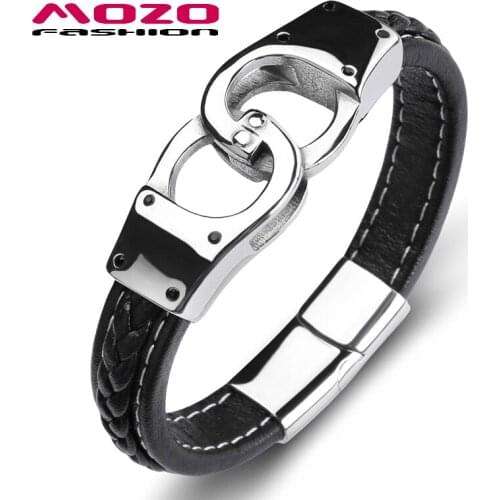Fashion Men Handcuffs Bracelet Black Leather Stainless Steel Magnet Buckle Charm Bracelets Man Cross Punk Jewelry