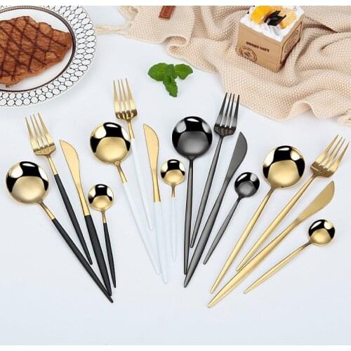 24Pcs 18/10 Stainless Steel Dinnerware Set Black Gold Cutlery Spoon Fork Knife Western Cutleri Silverware tableware Set Supplies