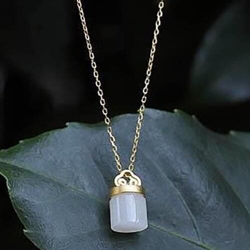 New silver inlaid natural Hetian white jade Xiangyun cylinder Pendant Necklace Chinese style retro elegant womens brand jewelry
