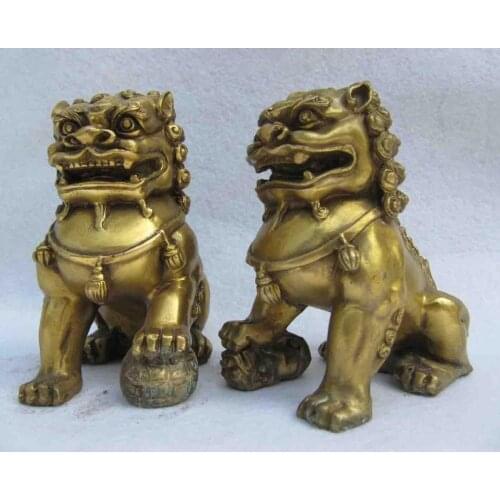 China Family Feng Shui Copper brass Door Foo Dogs talisman lion beast Pair