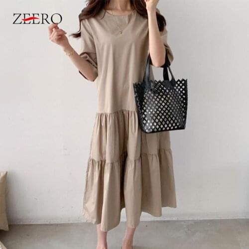 Spring Summer Casual Vintage O Neck Half Sleeve Patchwork Ruffles Loose Dress Korean Women Fashion Short Sleeve Long Dresses
