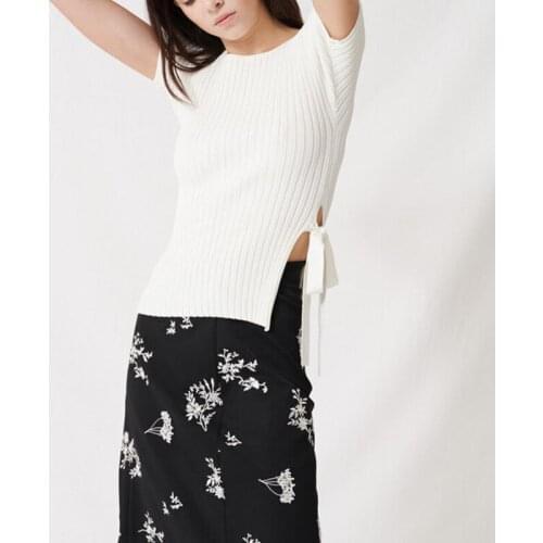 Sexy Lady Side Slit Strap Bow White Top Women Sweater Pullover Short Sleeve Knitted Jumper Spring Summer Pull Femme Jersey Mujer