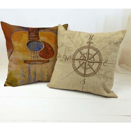 Vintage Compass Cushion Cover Light Sea Compass Decorative Throw Pillows Square Dark Color Guitar Pillow Case Sofa Home Cover