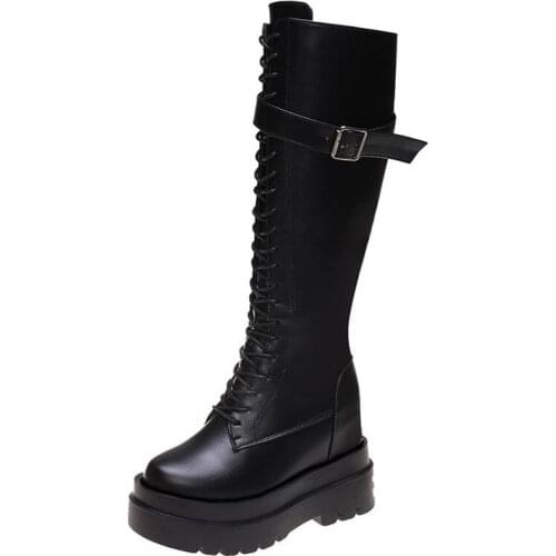 Cross-Tie Inner Heightening Boots Belt Buckle And Velvet High-Tube Platform Knight Boots Inner Heightening Knee Shoes