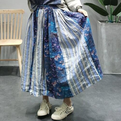 Large size Skirt Women 2021 Summer Retro Loose Skirt Ladies New Elastic Waist Spliced Baoken flower Vintage Skirt