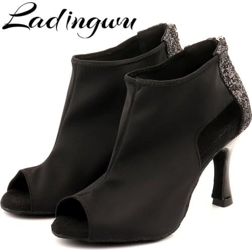 Ladingwu Woman Latin Dance Shoes Boots Ballroom Waltz Samba Modern Dancing Shoes For Girls Black Stretch Fabric And Glitter Danc
