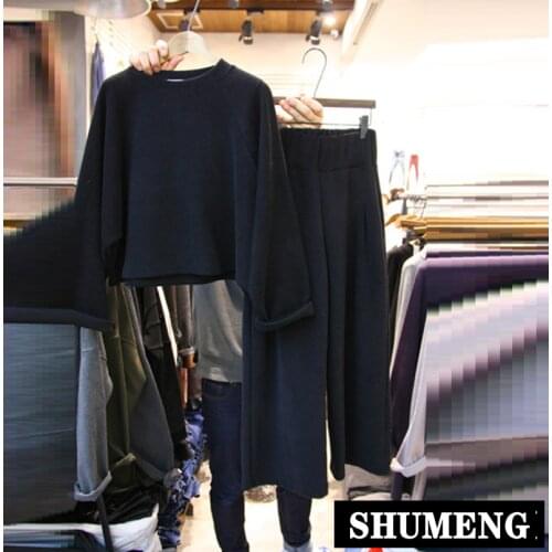 New Autumn 2020 Women Plain Loose Cropped Hoodie Top + Elastic Waist Wide Leg Trousers Two Piece Hoodie Sweatpants Set Students