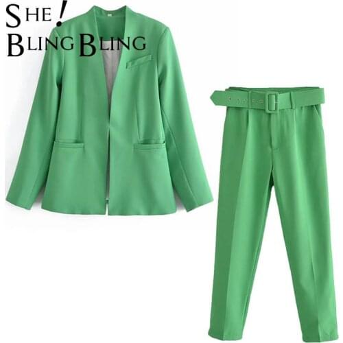 SheBlingBling Za Woman 2021 Casual Traf Outfits Female Autumn Slim Blazers + Ankle Length Pants Suits OL Style 2 Pie Sets Green