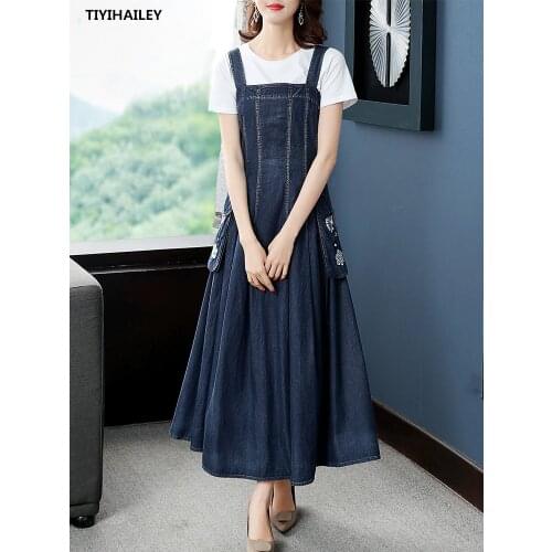 TIYIHAILEY 2021 New Free Shipping Vintage Women Long Maxi Summer Denim Cotton S-XL Sleeveless Embroidery Big Pockets Dresses