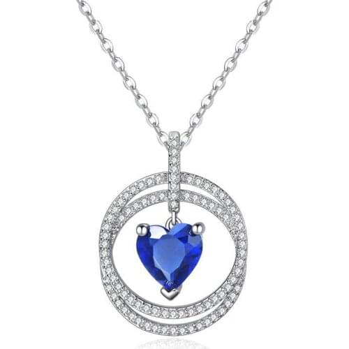 2019 New Blue Heart Crystal Pendant Necklace Silver Color Chain Jewelry High quality Luxury Double Round Zircon Woman Necklace