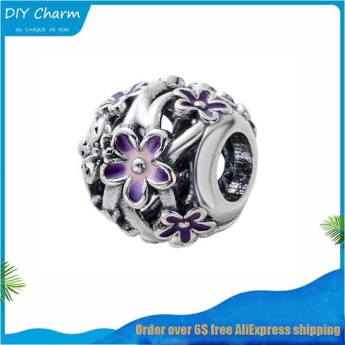 2021 Newst Openwork Purple Daisy Charm Beads fit Original Pandora Charms Silver 925 Bracelet DIY Women Jewelry