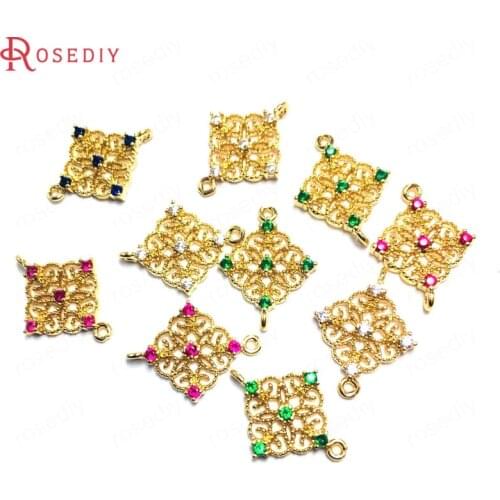 38208)6PCS 12x16MM 24K Champagne Gold Color Brass and Zircon 2 Holes Square Connect Charms Pendants Diy Findings Accessories