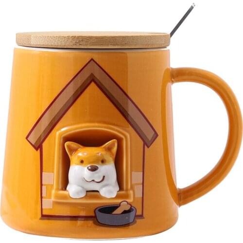 400ML Ceramic Cute 3D Shiba Pup Cat Coffee Mug with Lid Spoon Lovely Cartoon Pet Water Milk Cup for Kid
